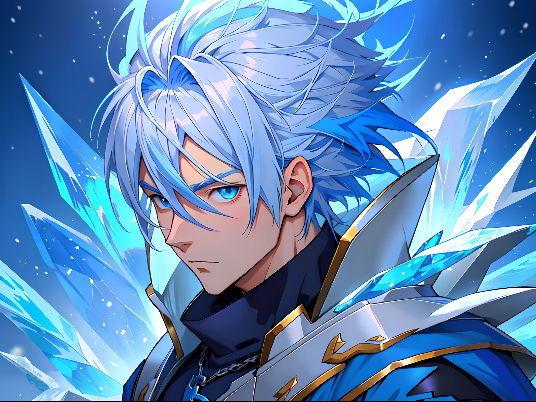 Anime characters with blue hair and blue eyes in snowy scenes, Ice Mage,  Tall anime guy with blue eyes, freezing blue skin, Key anime art, Kazuto Okada。, male anime character, Ice crystal armor, Detailed key anime art, full portrait of magical knight, blue and ice silver color armor, with ice powers