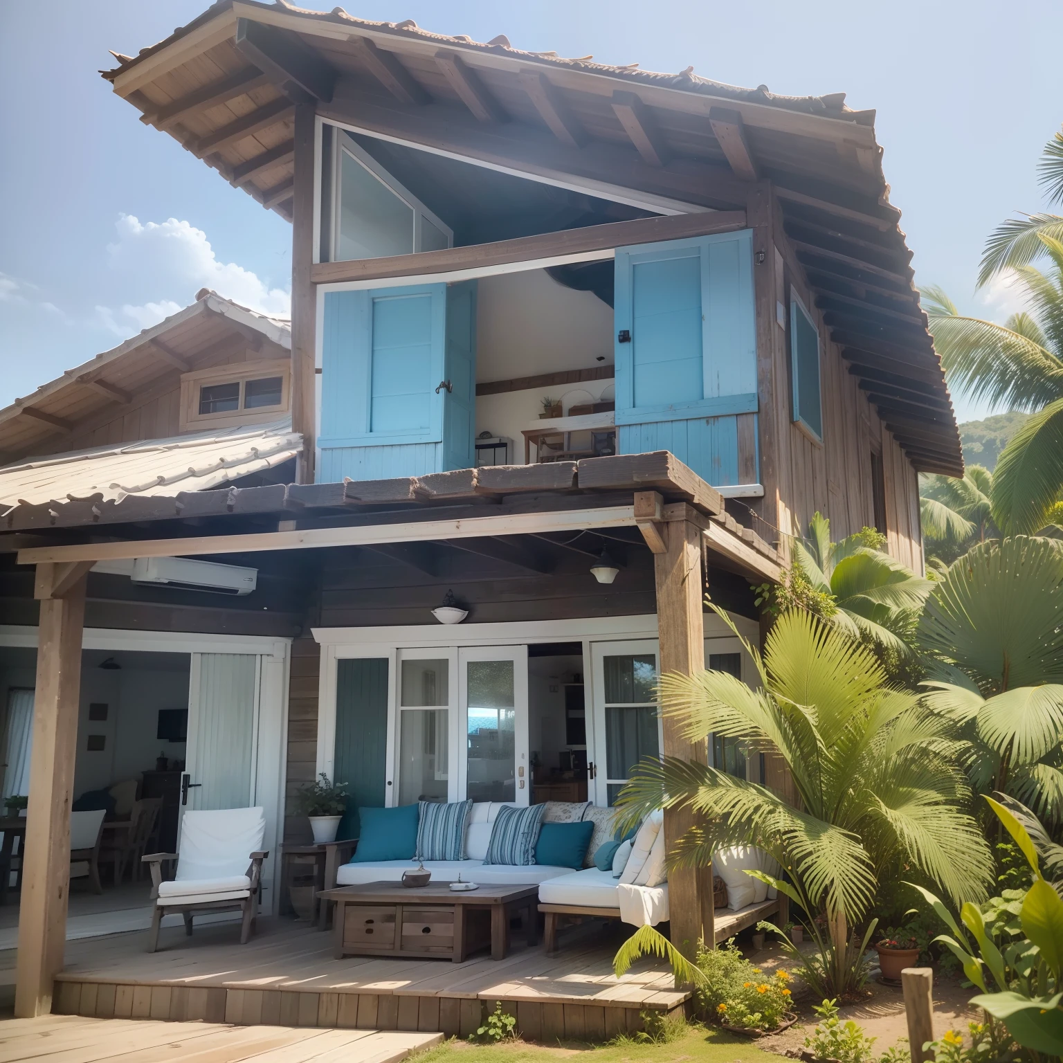 crear una casa frente al mar en Arraial d&#39;ajuda Porto Seguro-Bh. Rústico y con mucha superficie acristalada.. un balcón abierto con pisos de madera , tener una mesa rústica de mimbre con sillas de cristal y mimbre y un banco de mimbre, sillas rústicas voladizas