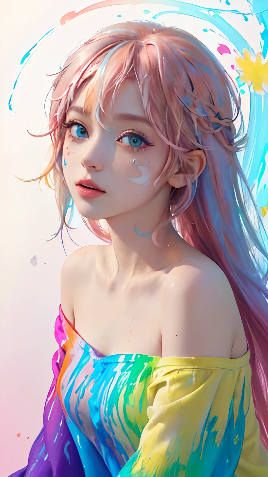 （Pink Fashion T-shirt：1.9），(Colorful hair: 1.8), (all the colours of the rainbow: 1.8),(((((vertical painting：1.6))), （painting：1.6），front, comics, illustrations, paintings, large eyes, crystal clear eyes,（ rainbow color gradient high ponytail：1.7）, exquisite makeup, closed mouth,(Small Fresh: 1.5),(Wipe Chest: 1.6) ，long eyelashes, white off shoulder T-shirt,  White Shoulder Shirt，looking at the audience, large watery eyes, (rainbow colored hair：1.6), color splash, （solo：1.8）, color splash, color explosion, thick paint style, messy lines, ((shining))，(colorful), (colorful), (colorful), colorful, Thick Paint Style, (Splash) (Color Splash), Vertical Painting, Upper Body, Paint Splash, Acrylic Pigment, Gradient, Paint, Highest Image Quality, Highest Quality, Masterpiece, Solo, Depth of Field, Face Paint,  colorful clothes, (Elegant: 1.2), gorgeous,long hair, wind, (Elegant: 1.3), (Petals: 1.4)，(((masterpiece))),(((best quality))),((ultra-detailed)),(illustration),(dynamic angle),((floating)),(paint),((disheveled hair)),(solo),(1girl) , (((detailed anima face))),((beautiful detailed face)),collar,bare shoulders,white hair, ((colorful hair)),((streaked hair)),beautiful detailed eyes,(Gradient color eyes),(((colorful eyes))),(((colorful background))),(((high saturation))),(((surrounded by colorful splashes))),