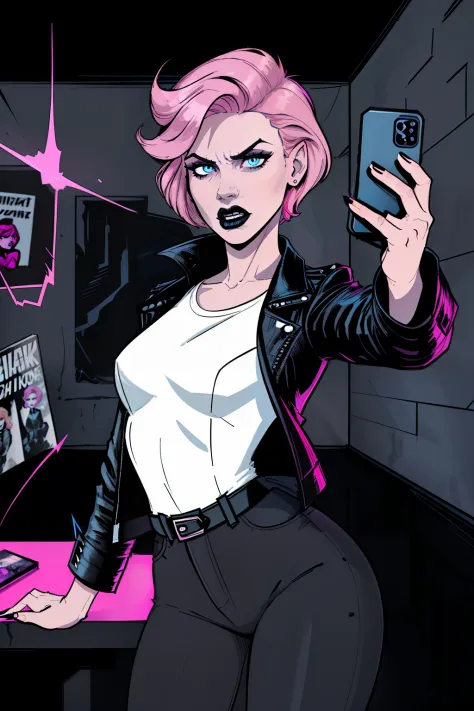 selfie, closup face of a woman, inside a dark room, dark wall in background, pale blue eyes, detailed short pink hair Short Side Comb haircut, angry expression, black lipstick, small tits, wearing a leather jacket, black pants, shirt, white shirt, comic bo...