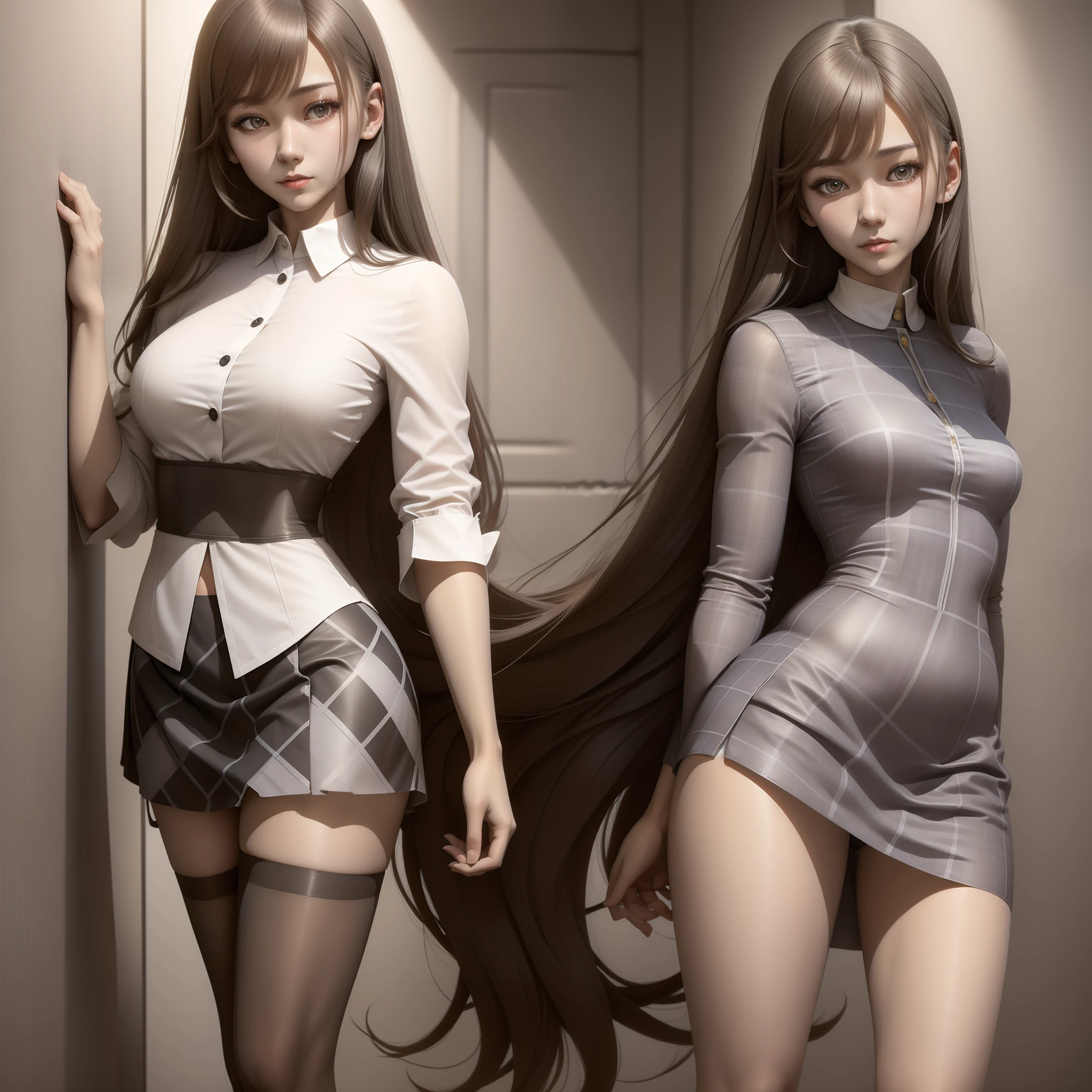 Delicate face，2 girl，long whitr hair，black lence stockings，Medium build，Skirt that wraps hips，White plaid shirt，Don't show anything，Lean against the wall。