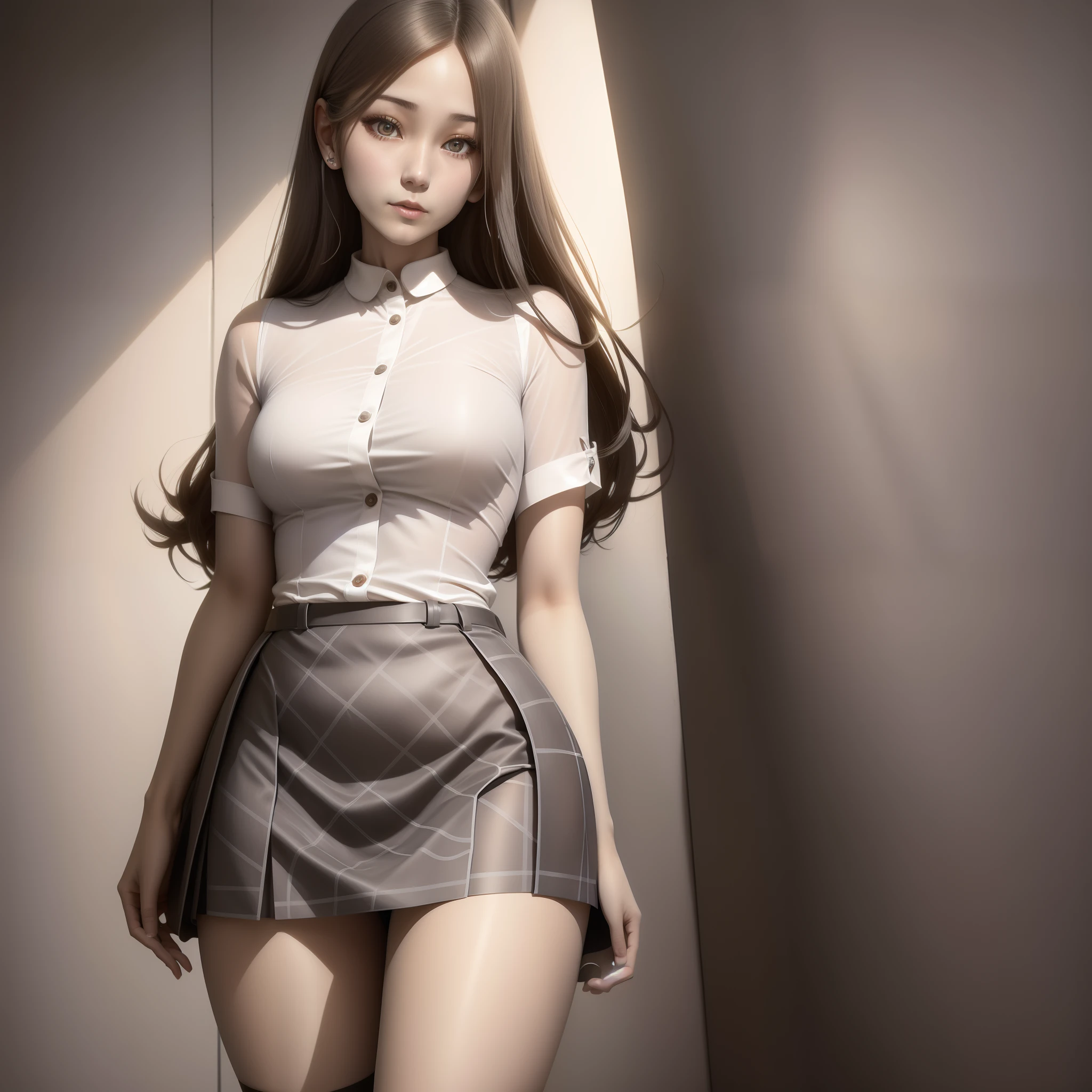 Delicate face，2 girl，long whitr hair，black lence stockings，Medium build，Skirt that wraps hips，White plaid shirt，Don't show anything，Lean against the wall。