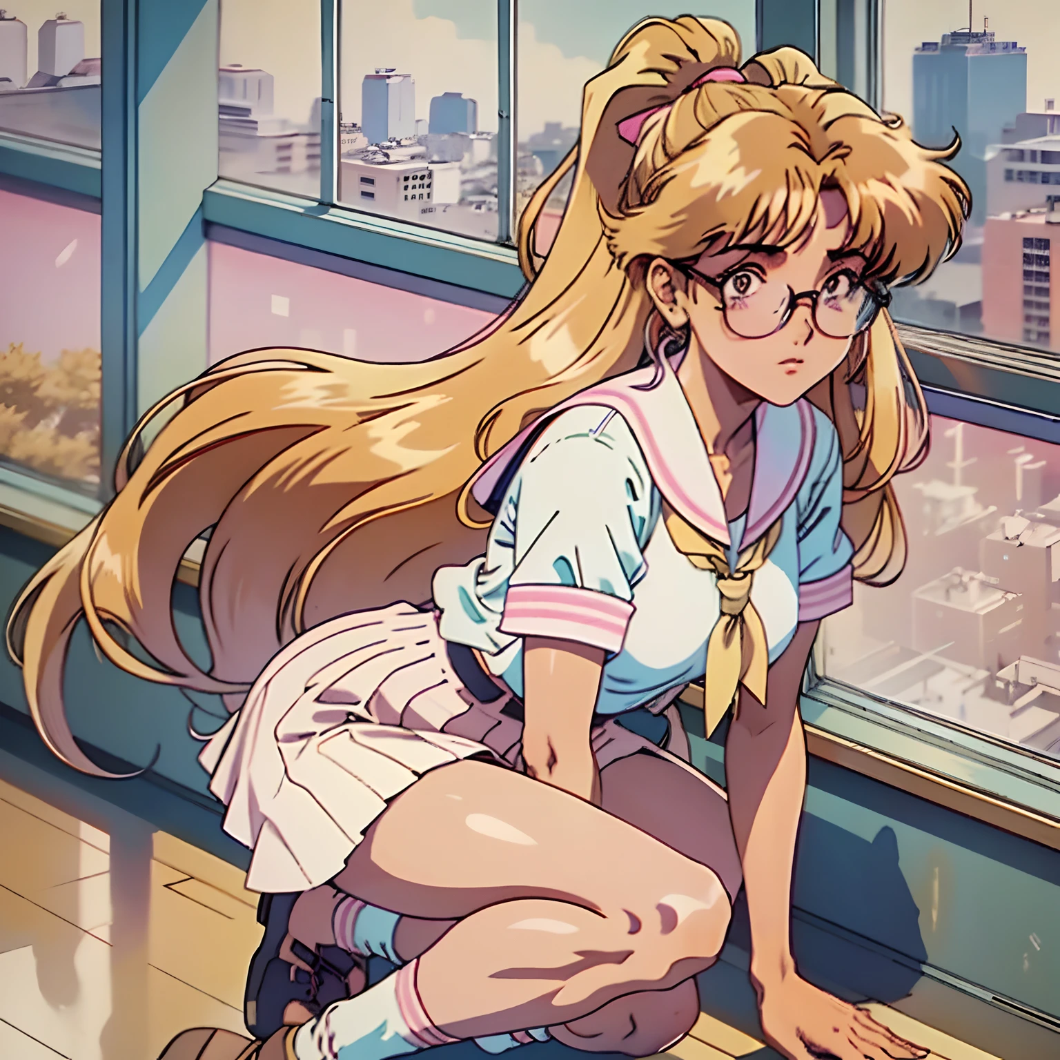 muted pastel colors, high quality images, retro anime, 1990s anime, 1980s anime, brush strokes, background is in a school hallway, city can be seen through the window of the school, Gyaru, tanned skin, sun tan, lots of blonde very curly hair, tall , 1girl, pink and beige Japanese school girl uniform, bell bottom socks, fashionable glasses