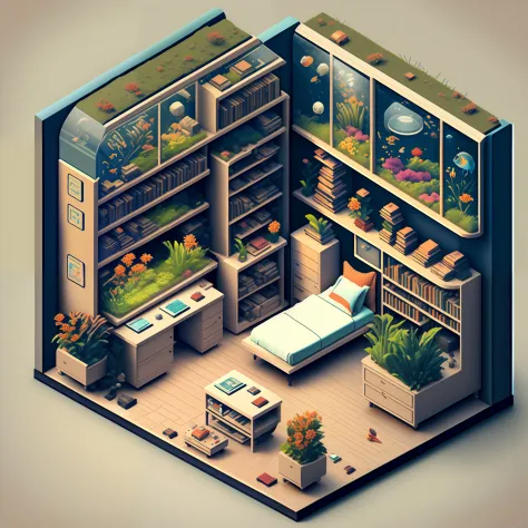 sharpness，isometric perspective+interior decoration，single image，flower ben，aquarium，bedrooms，study room