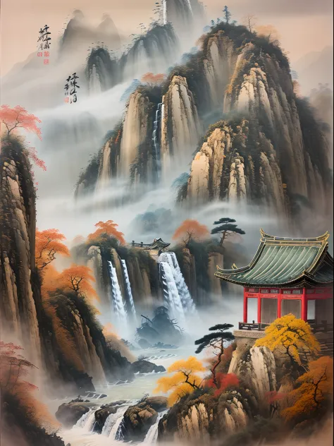 traditional chinese ink painting, high mountains, flowing water, pine trees, flying birds, best quality