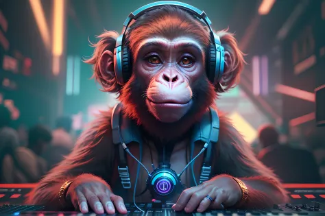 8K,Best quality, masterpiece, ultra-high res, (photorealistic:1.4), a cute monkey DJ, club lighting, cyber punk cute style, past...