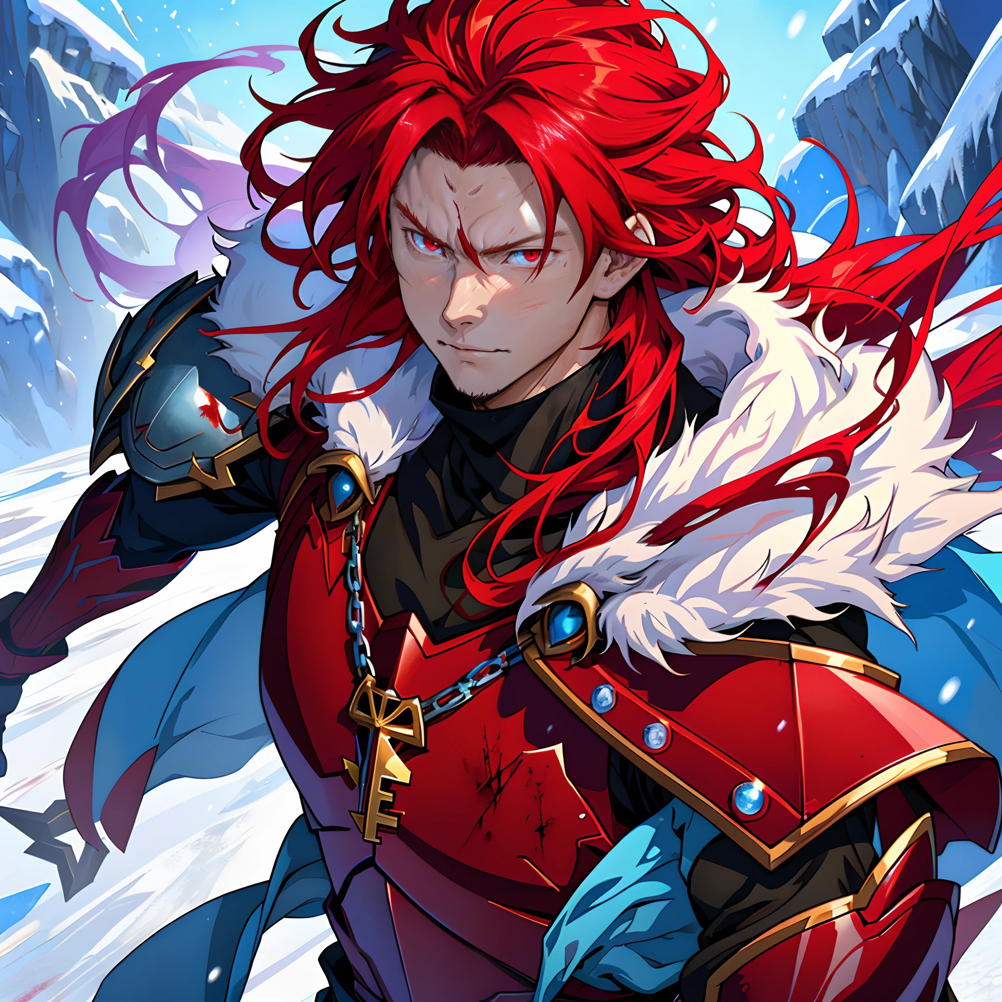 Personnages d&#39;anime aux cheveux roux et aux yeux rouges dans la neige, mage de glace,Grand type d&#39;anime aux yeux rouges, peau bleue glaciale, Art clé de l&#39;anime, Kazuto Okada。, personnage masculin d&#39;anime, Armure de cristal de glace, art d&#39;anime clé détaillé, portrait complet du chevalier magique, Armure rouge et couleur sang, avec des pouvoirs de glace