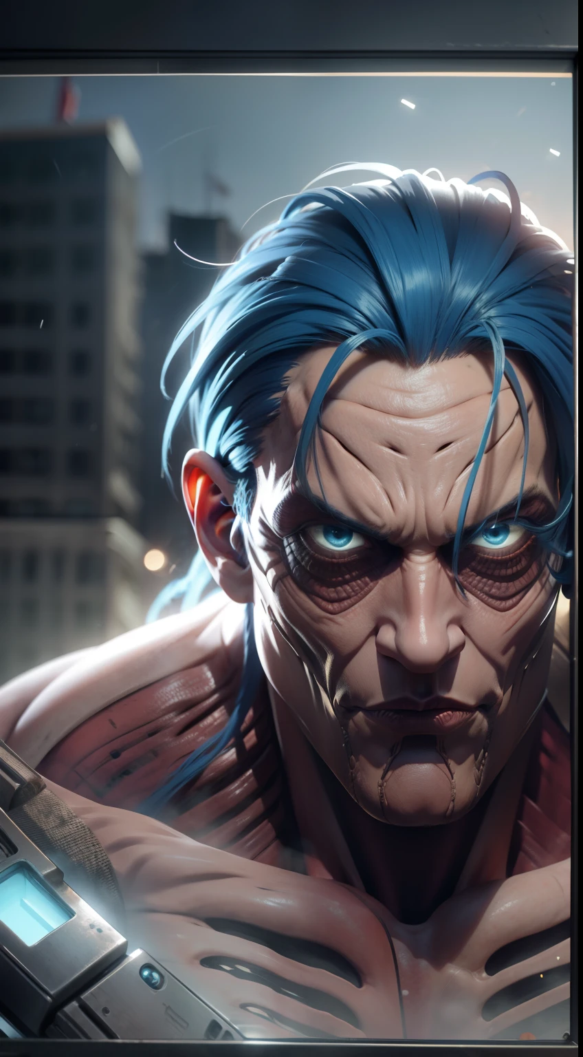 Imagine "Giant Franky" in "Attack on Titan": his mechanical prowess shines as he zooms in. Towering with his cyborg form and weird blue hair with looks, Franky's boisterous demeanor and distinctive physique remain. A hulking engineer, he navigates the chaos with his arsenal of gadgets.extremely detailed, ultra hd, hdr, 8k, cinematic, dramatic lighting ray tracing reflections