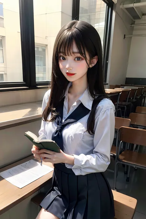 masterpiece,best quality,1 girl,solo,cute face,long black hair,reading a book,school uniform,classroom,cowboy shot,daylight