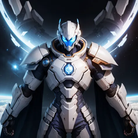 Giant robots in space、Male appearance、Slender shape、blue white colors、Complex patterns、Huge shoulder armor、The shoulder armor has several layers、