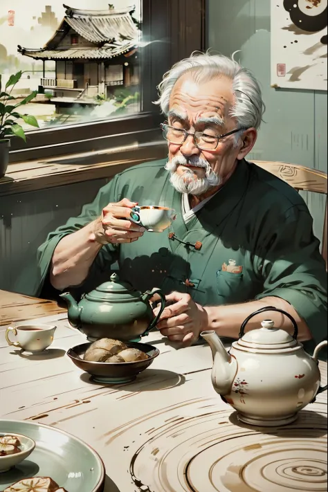 Old man drinking tea，The cat sleeps at its feet，Kind old man alone，ssmile，Handshake fan，laying on the chair，There is a teapot on...