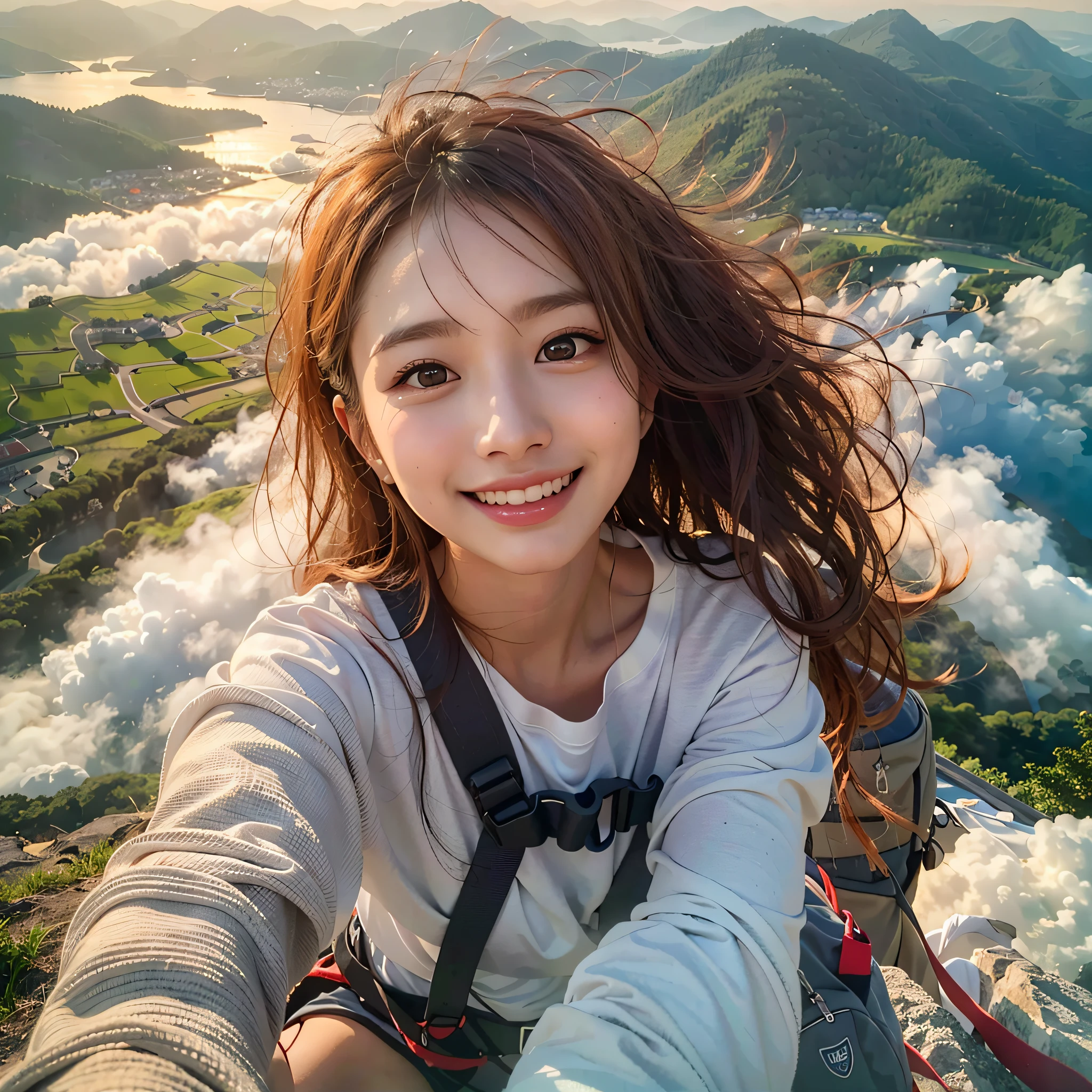 (Best Quality, hyper realistic photography), Magnificent mountain, sea of clouds, A woman watching the sunset, selfee, ((UPPER BODY)), white t-shirts, Trekking shorts, trekking boots, rucksack,  (ultra delicate face, ultra Beautiful fece, ultra delicate eyes, ultra detailed nose, ultra detailed mouth, ultra detailed facial features), Beautie, 18year old, Smiling happily