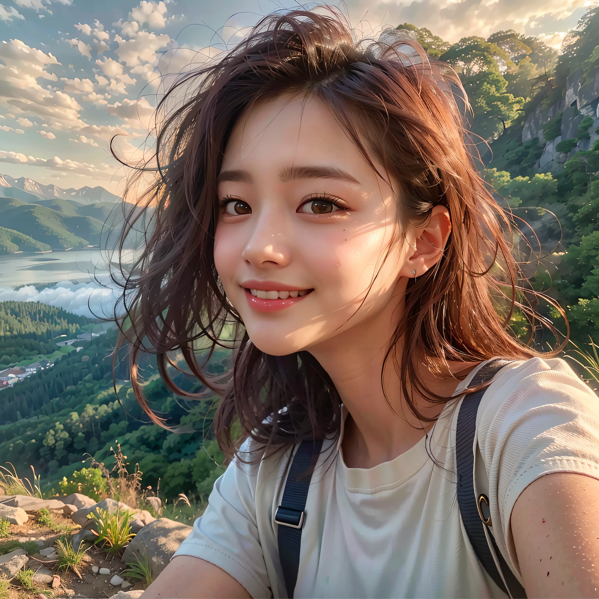 (Best Quality, hyper realistic photography), Magnificent mountain, sea of clouds, A woman watching the sunset, selfee, ((UPPER BODY)), white t-shirts, Trekking shorts, trekking boots, rucksack,  (ultra delicate face, ultra Beautiful fece, ultra delicate eyes, ultra detailed nose, ultra detailed mouth, ultra detailed facial features), Beautie, 18year old, Smiling happily