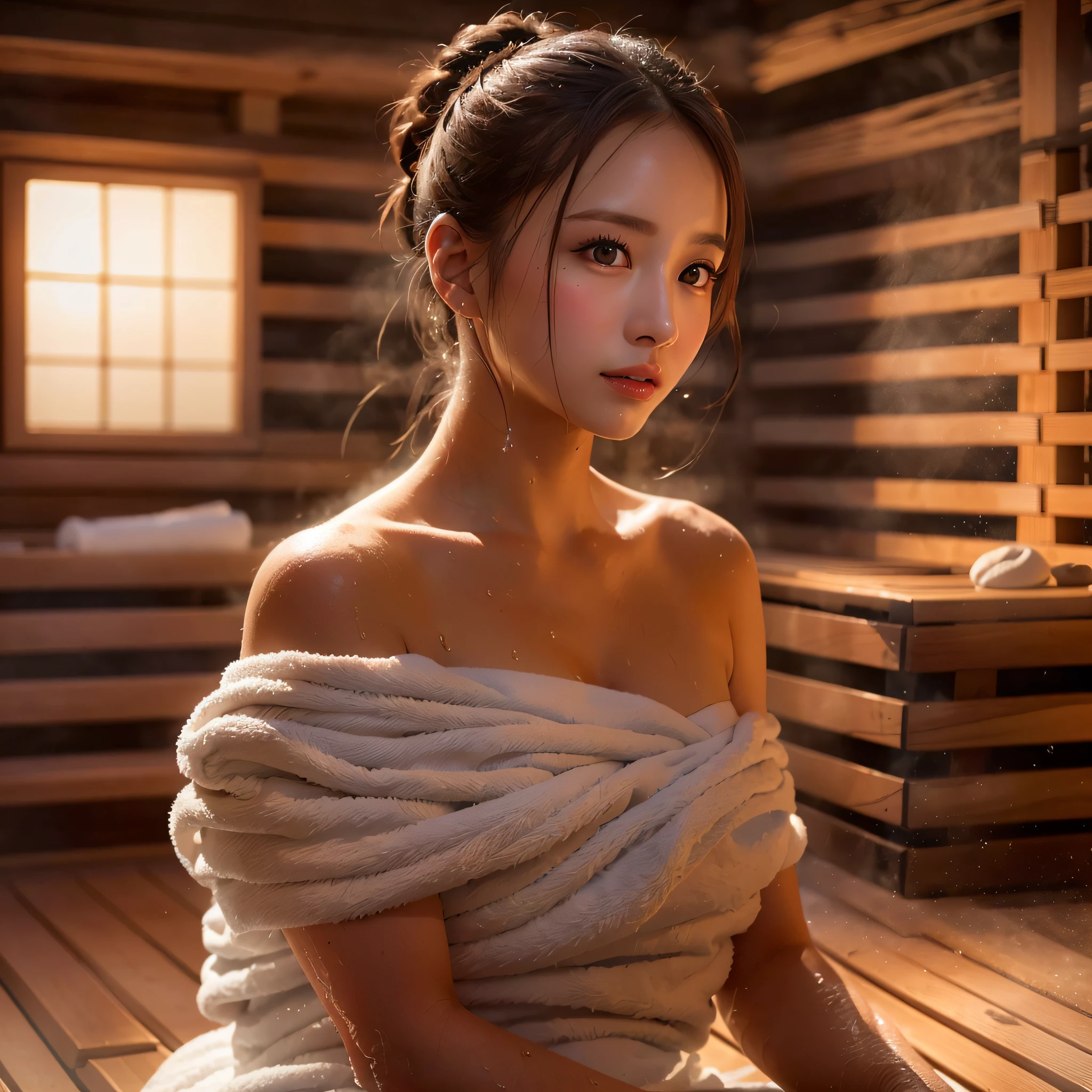 (REALISTIC:1.2), Beautiful Woman, 1 Woman, small breasts:1.2, Slender Body:1.1, ((sauna)), (Wet Body), ( (white big size towel dress strapless):1.3, Ultra Detailed Face, Detailed Lips, Detailed Eyes, (hair bun, single braid, dark brown hair), sitting on, Perfectly realistic body