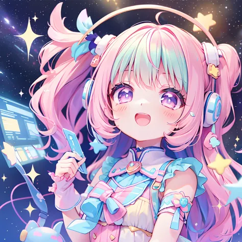 (Chibi), Idol, Singing in a space scene, Kawaii Tech, kawaii, Cute, Pastel colors, Best Quality, Happy, scifi
