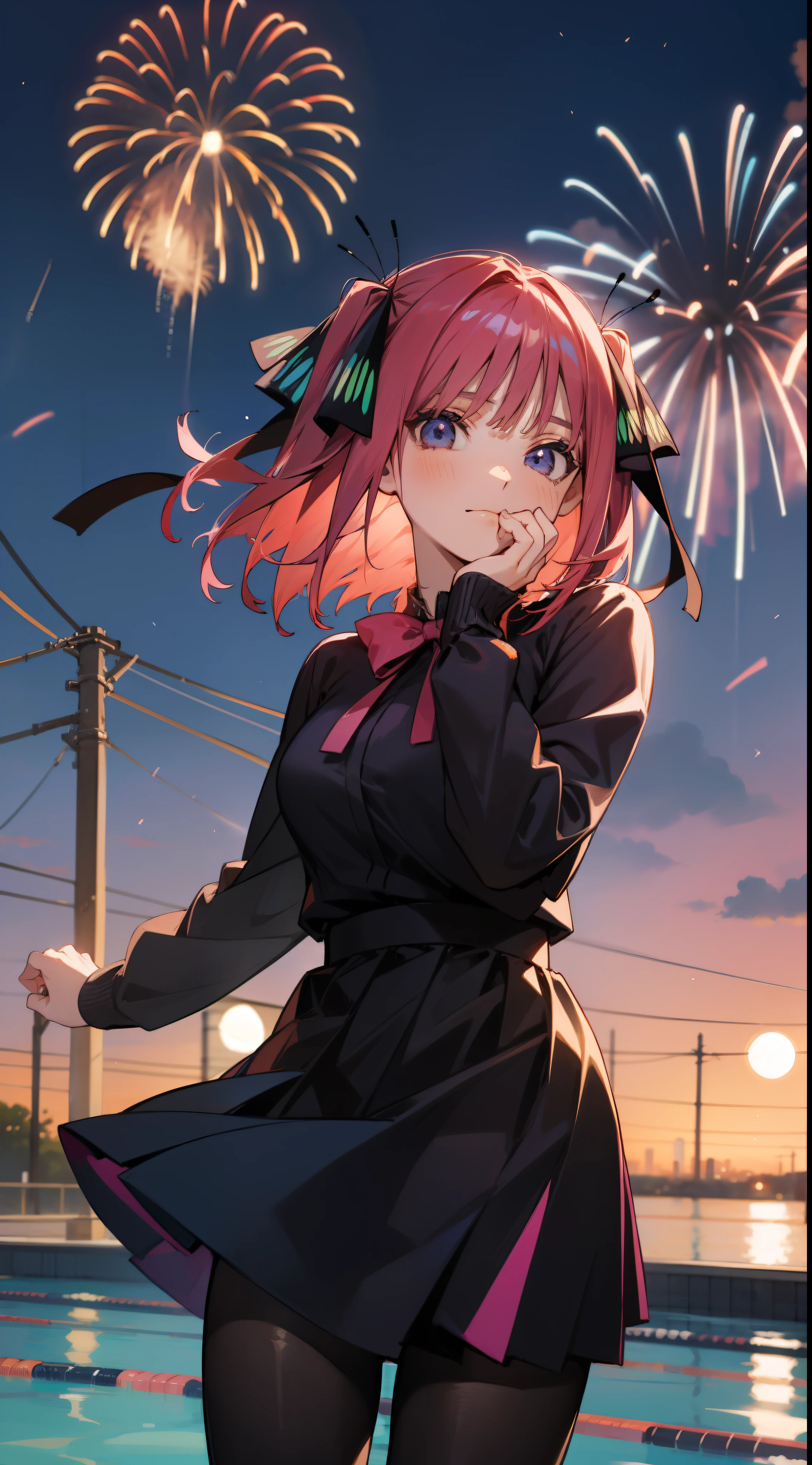 anime girl, looks at viewer, tokyo, pink hair, two black and blue butterfly bows, black tights, elegant dress, short hair, , sunset, closed mouth, happy, tights, swimming pool, fireworks