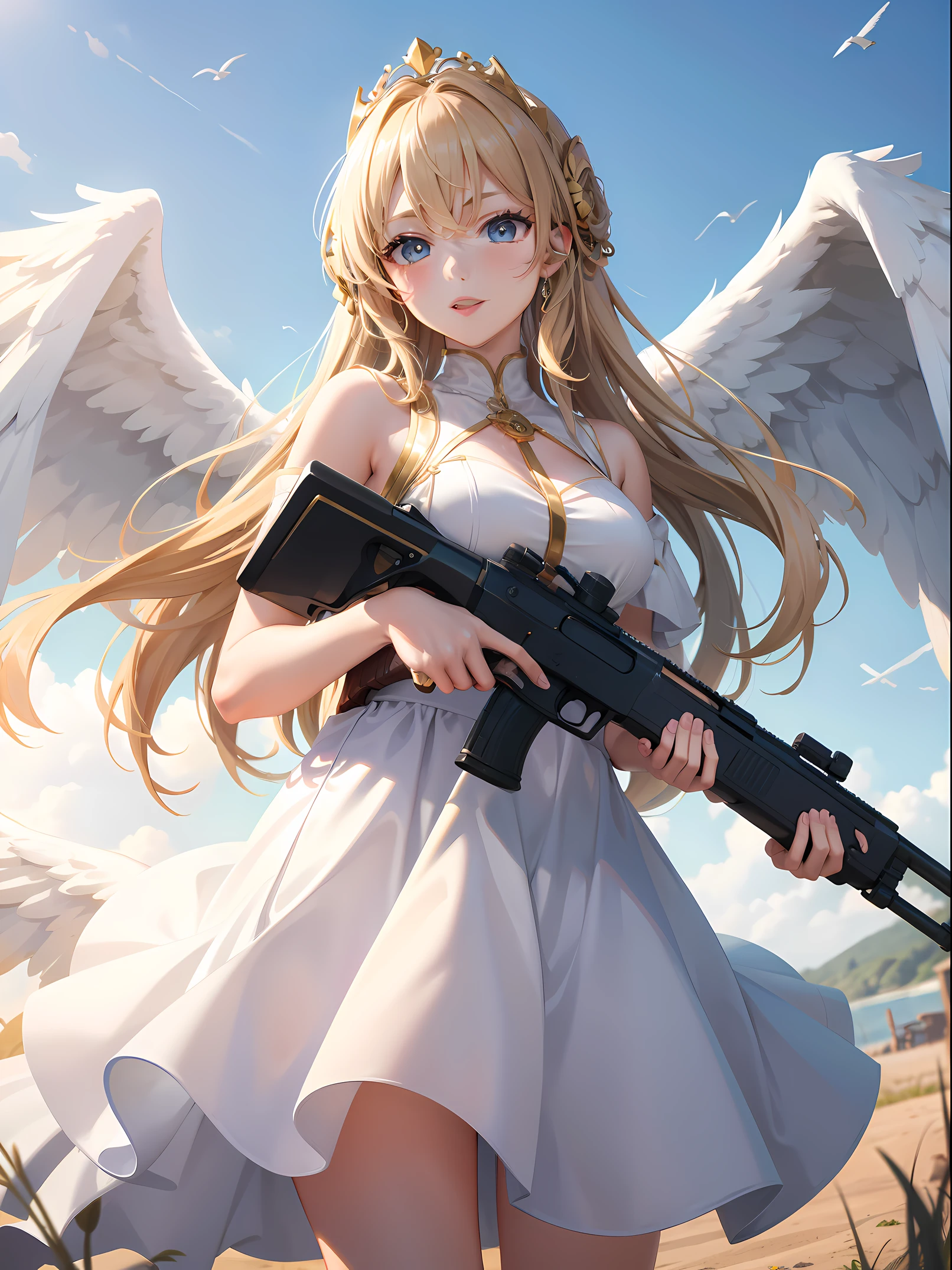 Obra de arte, melhor qualidade, 1 garota, lindo anjo feminino com uma grande espingarda de ação bomba, Céu, asas brancas, coroa de ouro