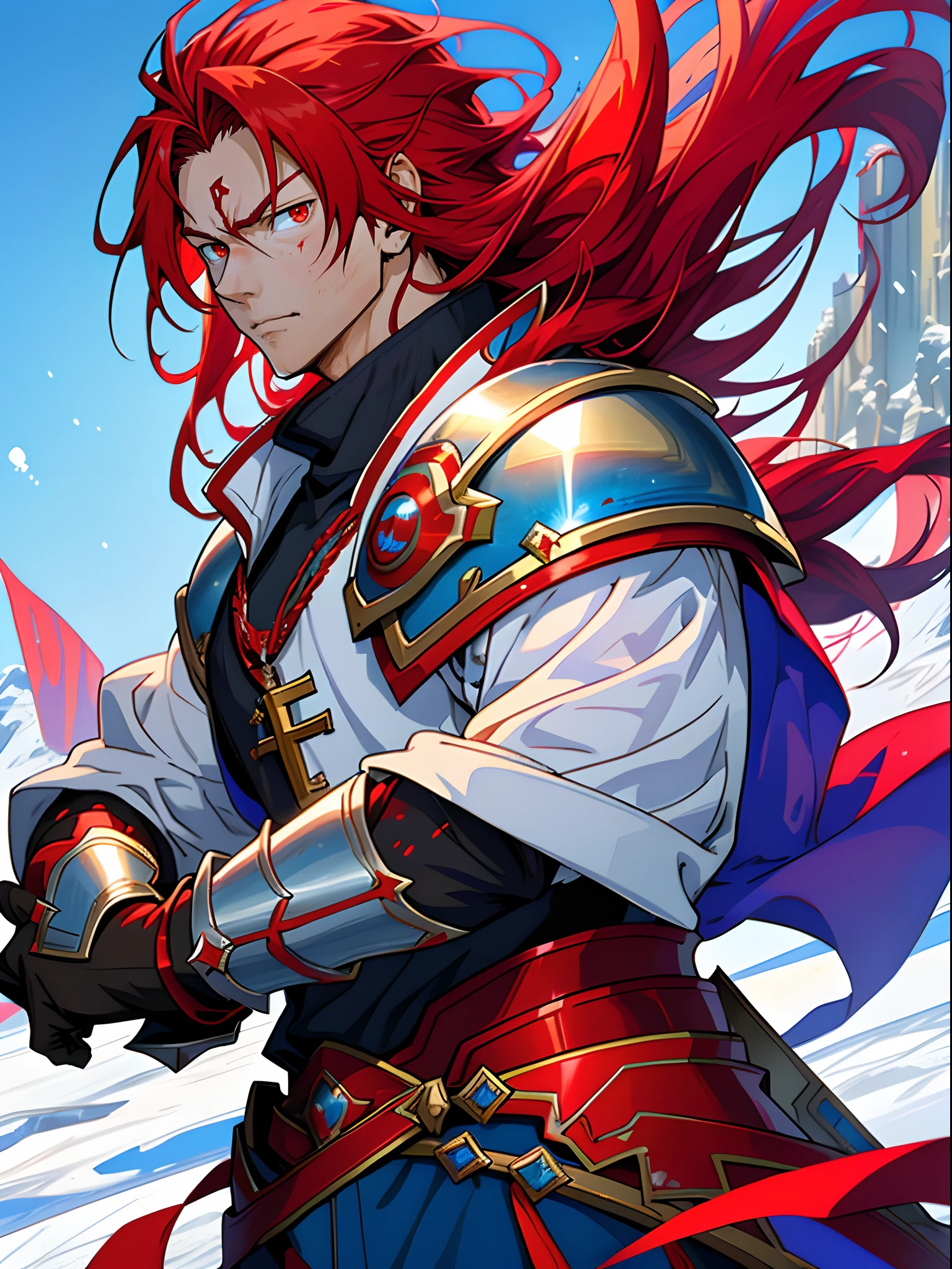 Anime characters with red hair and red eyes in snowy landscapes, Ice Mage,Tall anime guy with red eyes, freezing blue skin, Key anime art, Kazuto Okada。, male anime character, Ice crystal armor, Detailed key anime art, full portrait of magical knight, Red and blood-colored armor, with ice powers