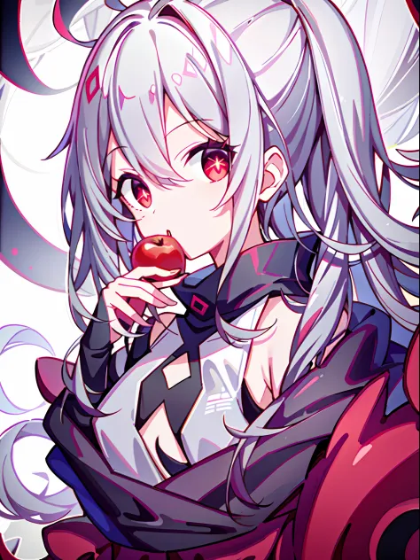 1girll,（Gray hair 1.2），（Chest 1.9），red pupils，Blackn clothes，Issuing，eating apple