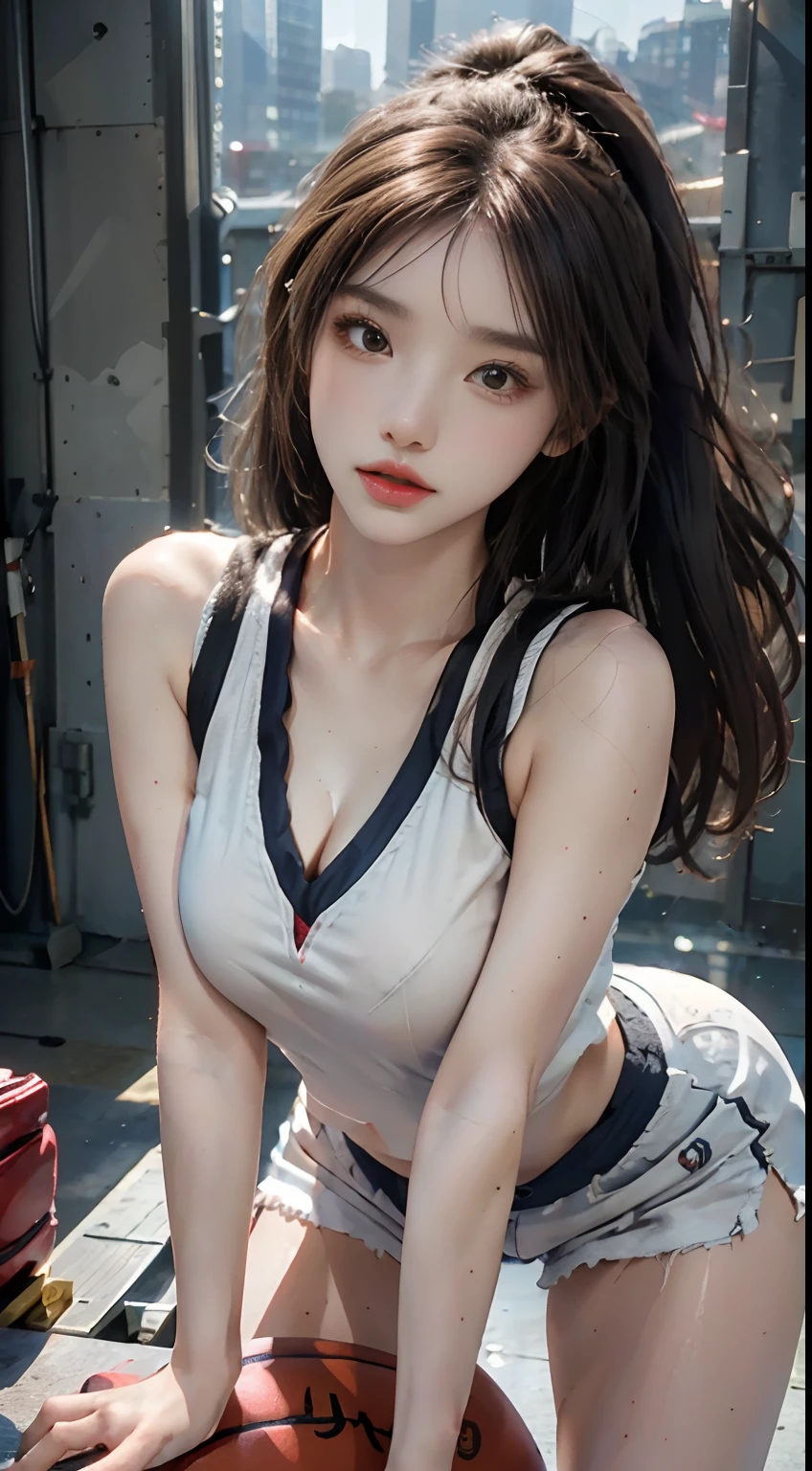 (RAW photo, 4k, masterpiece, high resolution, extremely complex) (realistic: 1.4), cinematic lighting Delicate girl with facial features
1 Girl, Single Focus, Summer Noon, Hot, 1990s\(Style\), Skin White, (Big Breast, Cleavage), (Best Quality), (Highres), (An Extremely Delicate and Beautiful),,(Beautiful 8k face),(Brown Eyes),(ulzzang-6500:1.0),(solo),( looking side),(spectators),(large breasts),(NBA),bent over,,lookside,(side), ,(Basketball sportswear),((Play basketball)),((gymnasium)),((speed)),(reality),