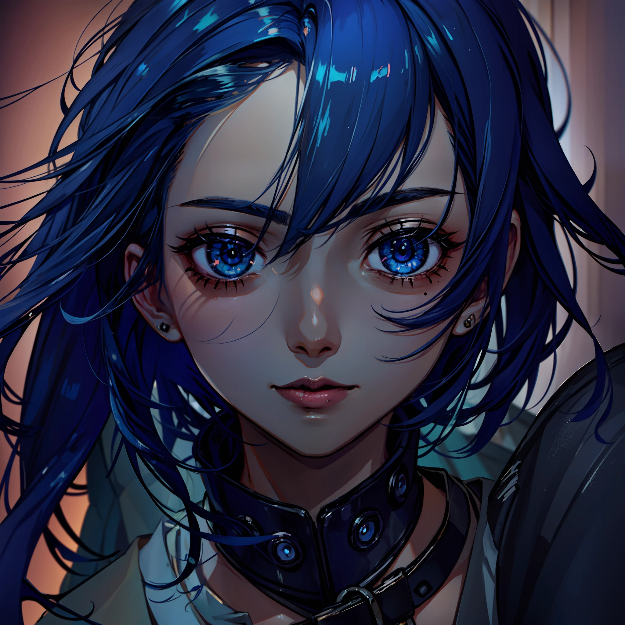 dark blue hair, mole under eye, dashed eyes, first-person view, high detail, anime