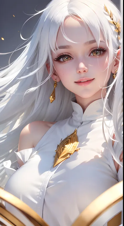 best quality, white hair, gold eyes, white clothes, looking up, upper body, hair strand, Fair skin, smiling