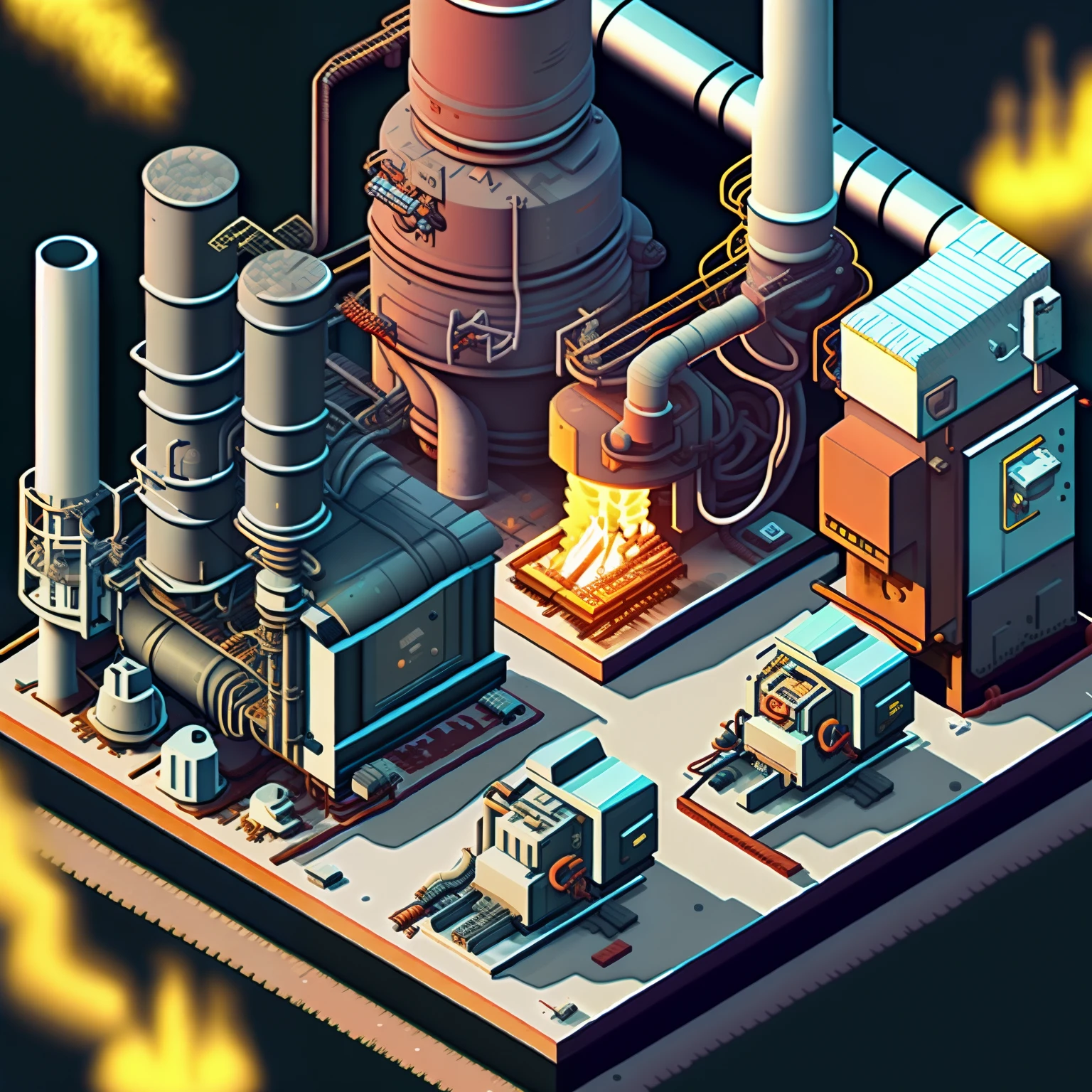 Sharpness，Isometric perspective+High-tech steel mills，Smelting furnace area！Workspace！Control area！chimneys！