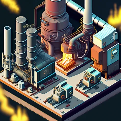 sharpness，isometric perspective+high-tech steel mills，smelting furnace area！workspace！control area！chimneys！