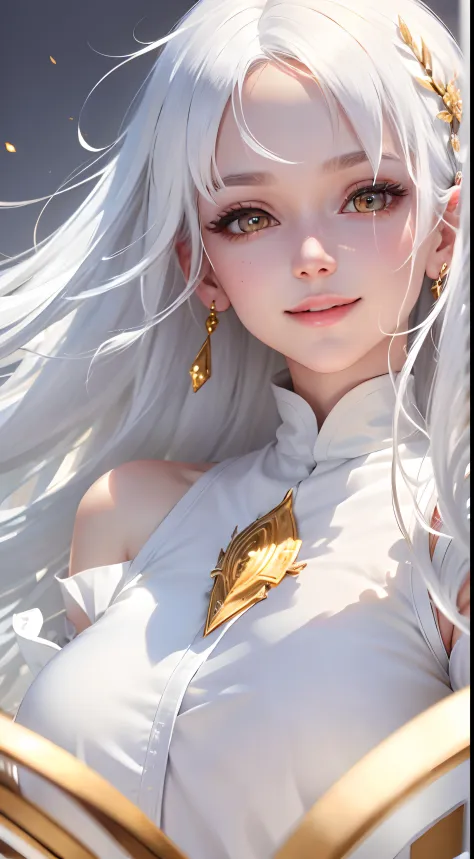 best quality, white hair, gold eyes, white clothes, looking up, upper body, hair strand, Fair skin, smiling