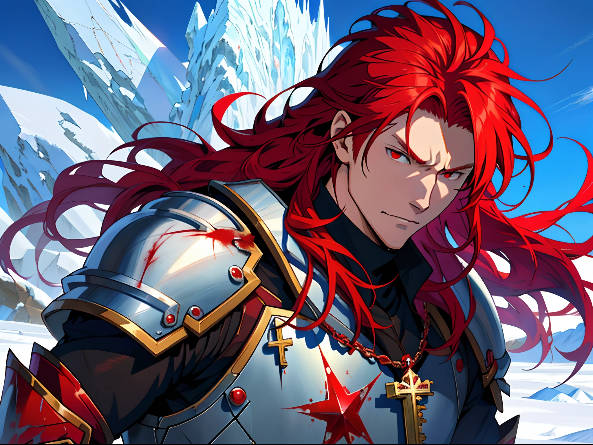 Anime characters with long red hair and red eyes in snowy landscapes, Ice Mage,Tall anime guy with red eyes, freezing blue skin, Key anime art, Kazuto Okada。, male anime character, Ice crystal armor, Detailed key anime art, full portrait of magical knight, Red and blood-colored armor, with ice powers