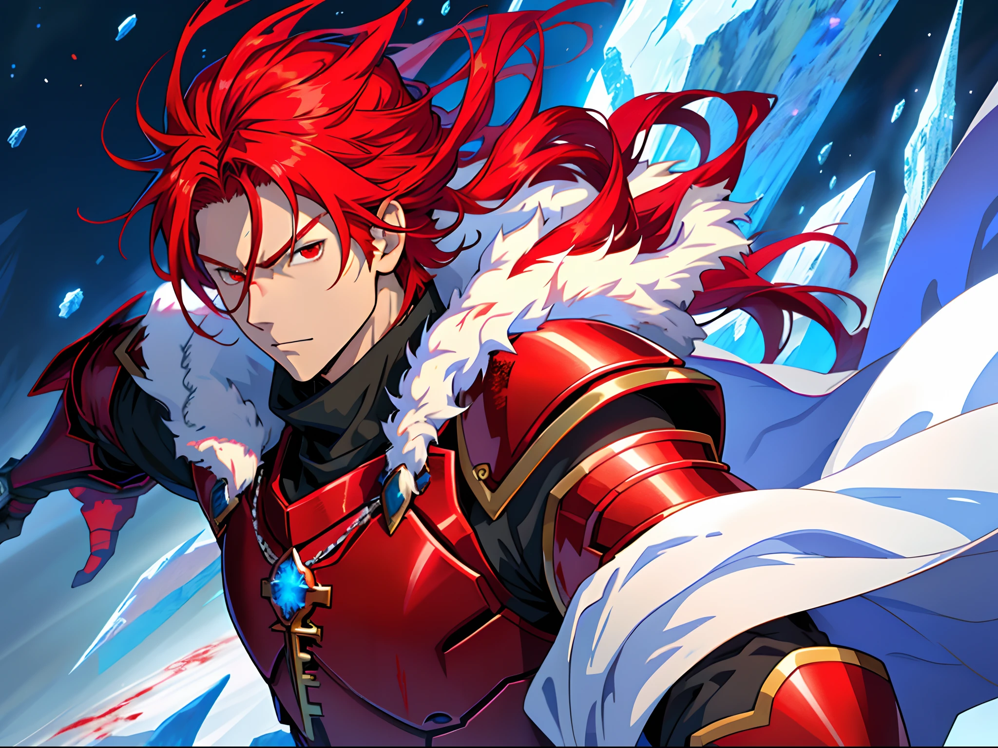 Personajes de anime con pelo largo y rojo y ojos rojos en paisajes nevados., mago de hielo,chico anime alto con ojos rojos, piel azul helada, arte clave del anime, Kazuto Okada。, personaje de anime masculino, armadura de cristal de hielo, arte de anime clave detallado, retrato completo del caballero mágico, Armadura roja y color sangre, con poderes de hielo