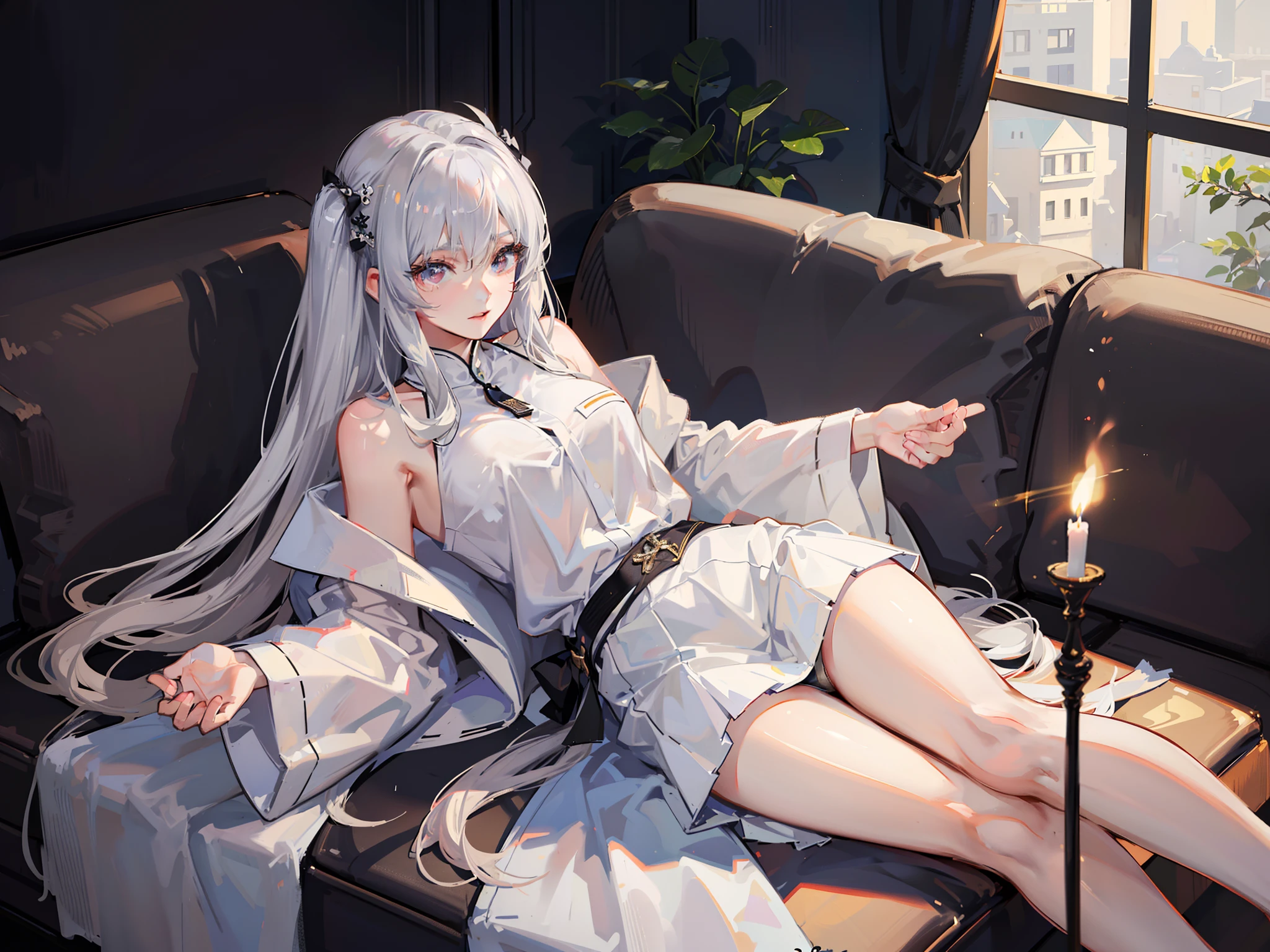 Anime girl sitting on a couch with a candle in her hand - SeaArt AI