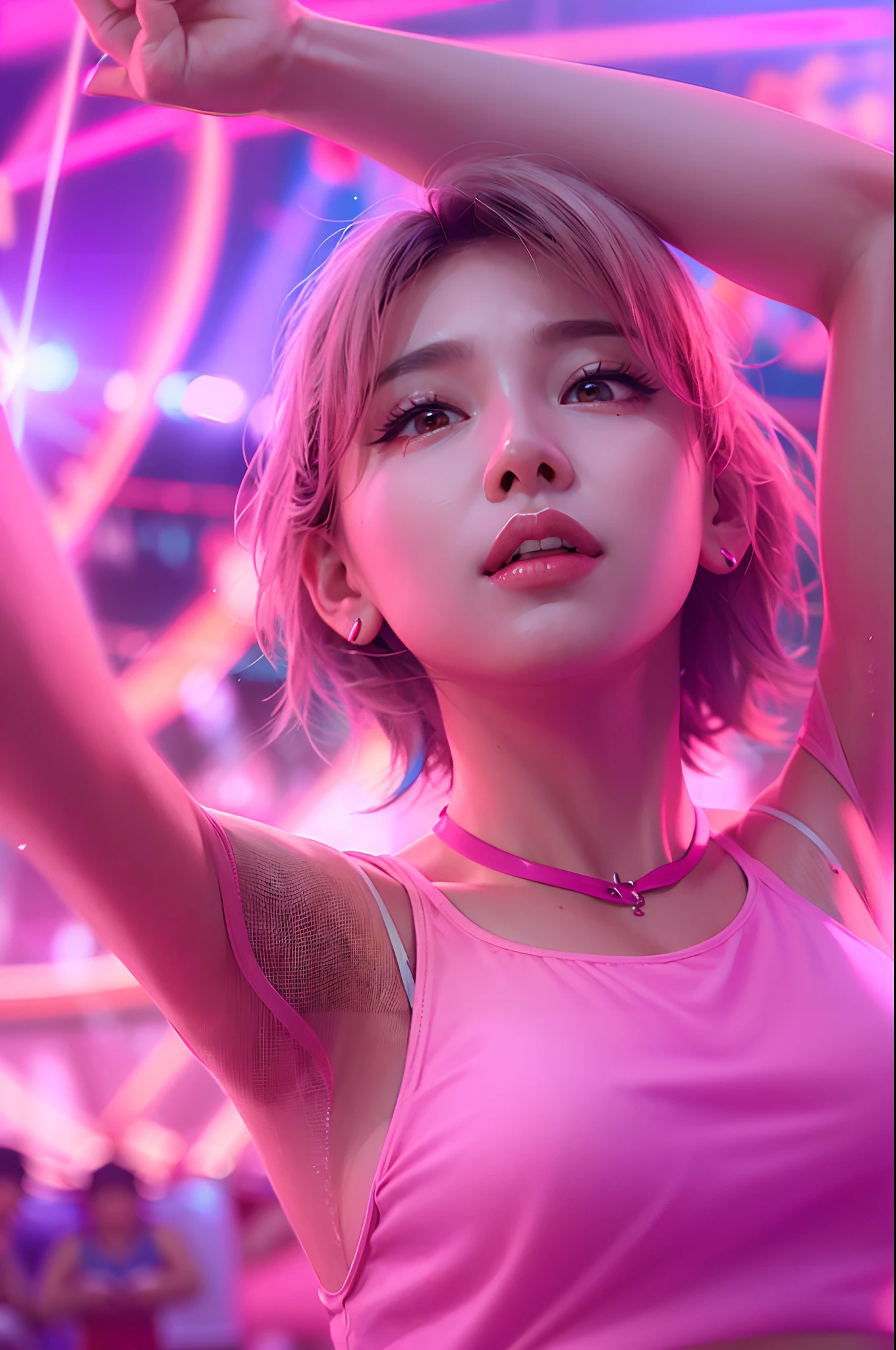 1girl, super beautiful girl, dream girl, wearing pink mini lycra shorts and pink crop top, ulzzang, dancing, in the background a concert in an amusement park, lightning in the sky, ultra details, ultra realistic, cinematic , octane render, 16k