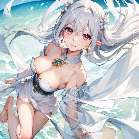 (Exquisite and delicate:1.5) Under the setting sun，A young girl stands quietly on the beach。Her hair was as white as silver，Swaying with the breeze，It exudes a faint fragrance。Her eyes were as bright as rubies，The pupils flashed with a mysterious light。She...