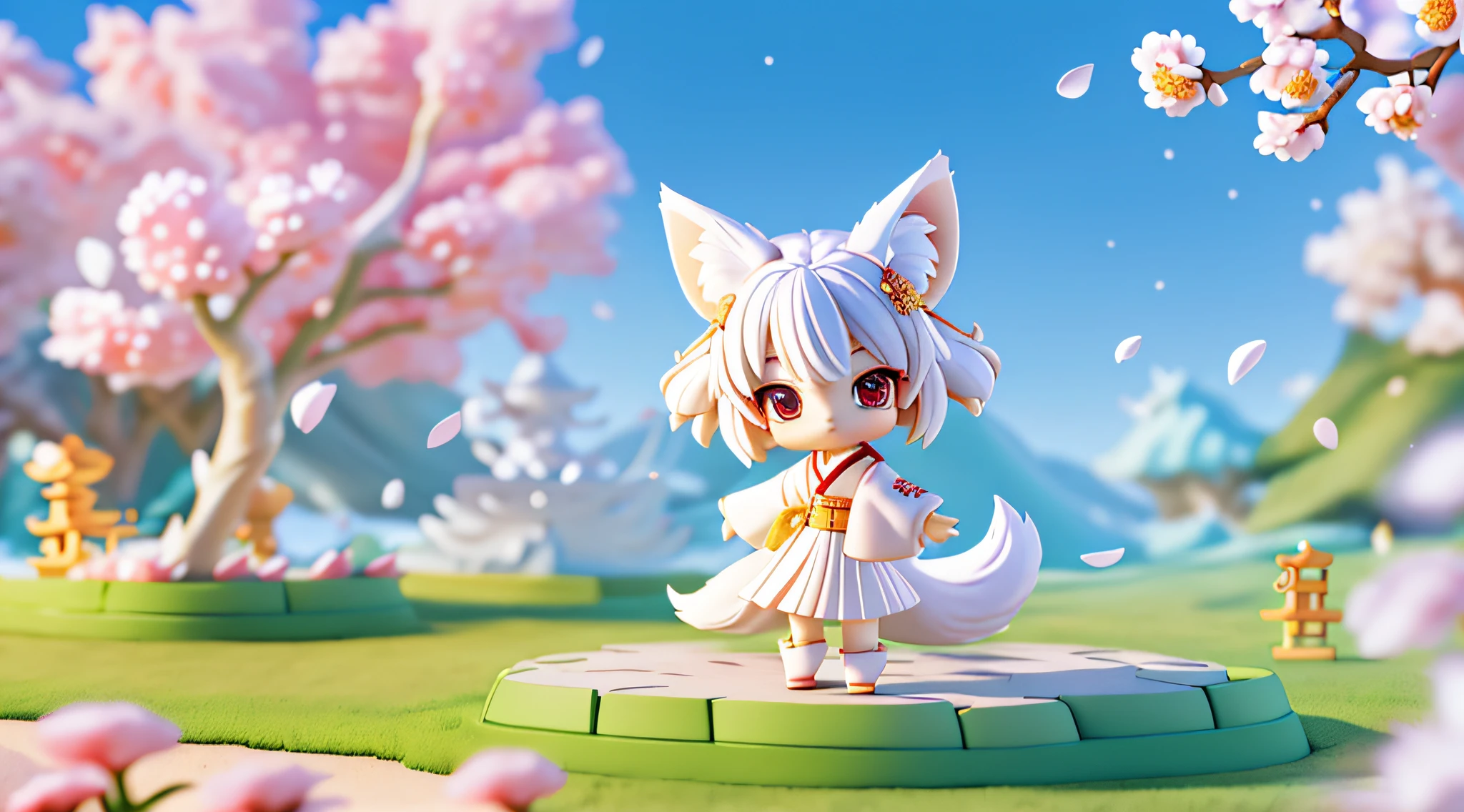 (((chibi 3d)))Fox girl, Short hair, White hair, Wolf ears, Red eyes, Detachable long sleeves, White kimono, Pleated miniskirt, Fox tail, Nine-tailed fox、Diffused sunlight, depth of fields, light particules, strong winds,
Blue sky, Shrines, stone steps, with petals falling, Face focus