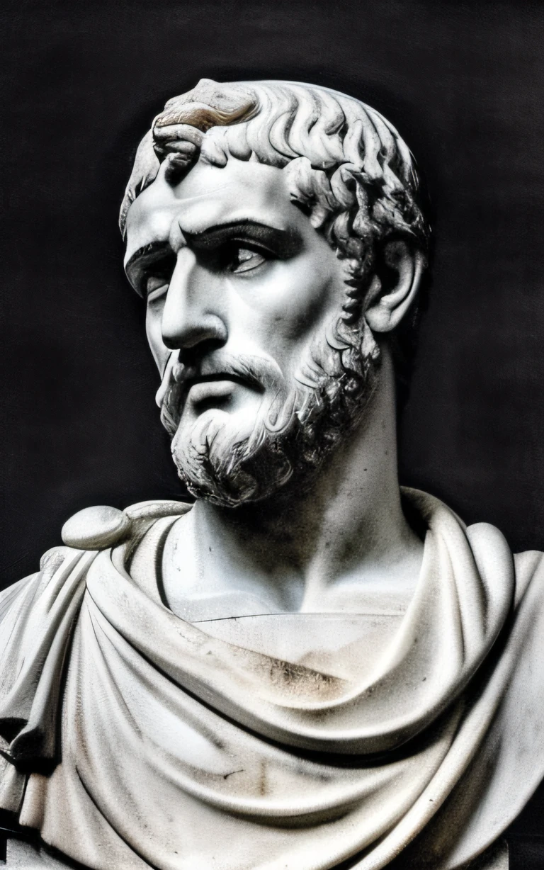 Black and white photo of a bust of a bearded man, Roman Emperor, Stoic face, Stoic look, stoic pose, stoic, Julius Caesar, stoic and calm, dish, Bust, Statue of Julius Caesar, ancient rome man, Brutus, Caesar, portrait of rugged zeus, portrait zeus, by Pogas Caesar