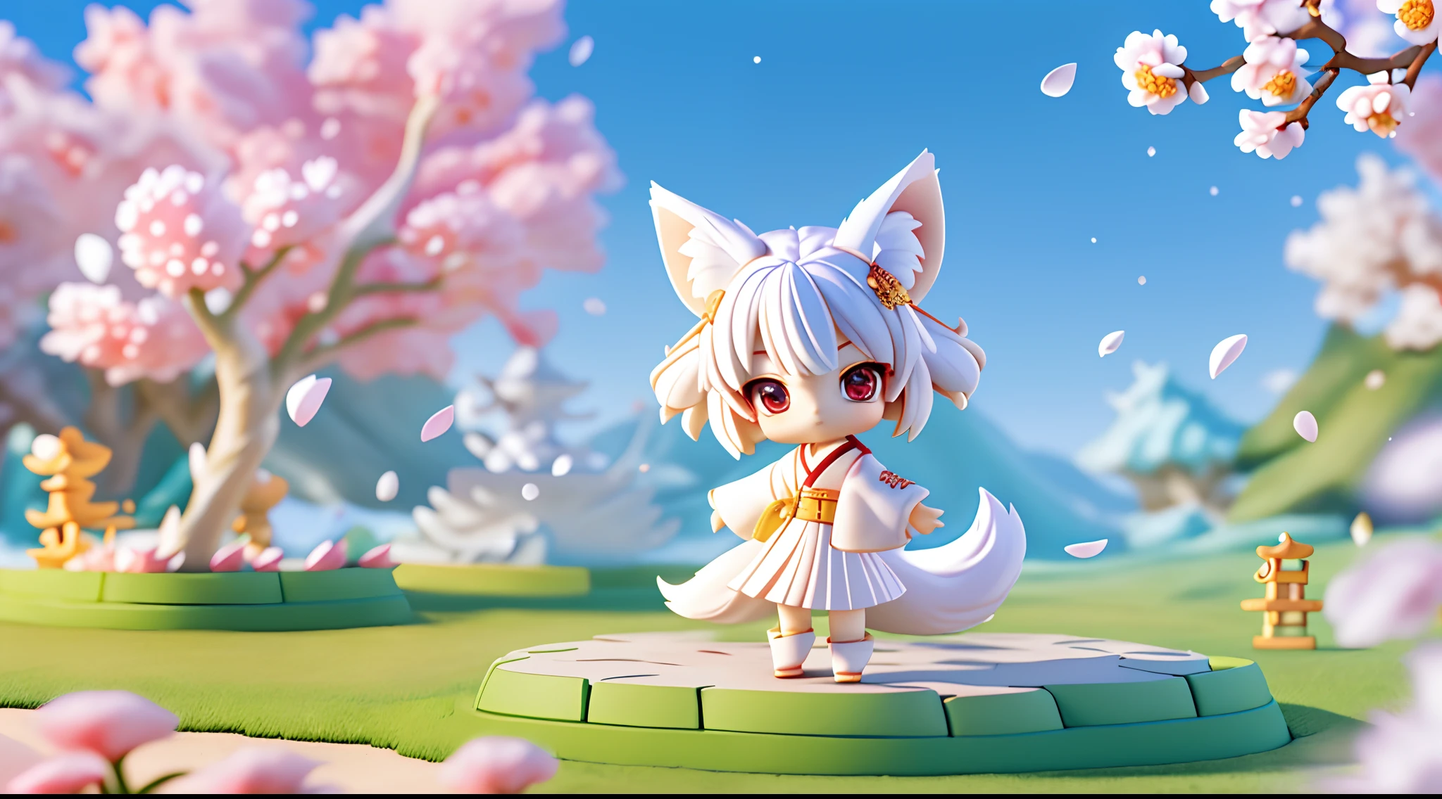 (((chibi 3d)))Fox girl, Short hair, White hair, Wolf ears, Red eyes, Detachable long sleeves, White kimono, Pleated miniskirt, Fox tail, Nine-tailed fox、Diffused sunlight, depth of fields, light particules, strong winds,
Blue sky, Shrines, stone steps, with petals falling, Face focus