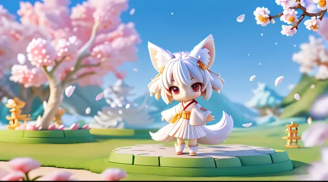 (((chibi 3d)))Fox girl, Short hair, White hair, Wolf ears, Red eyes, Detachable long sleeves, White kimono, Pleated miniskirt, F...