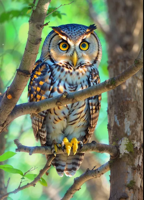 Obra prima, Beautiful owl standing on a tree branch, olhos verdes, ((alta resolução)), ((alta qualidade)),