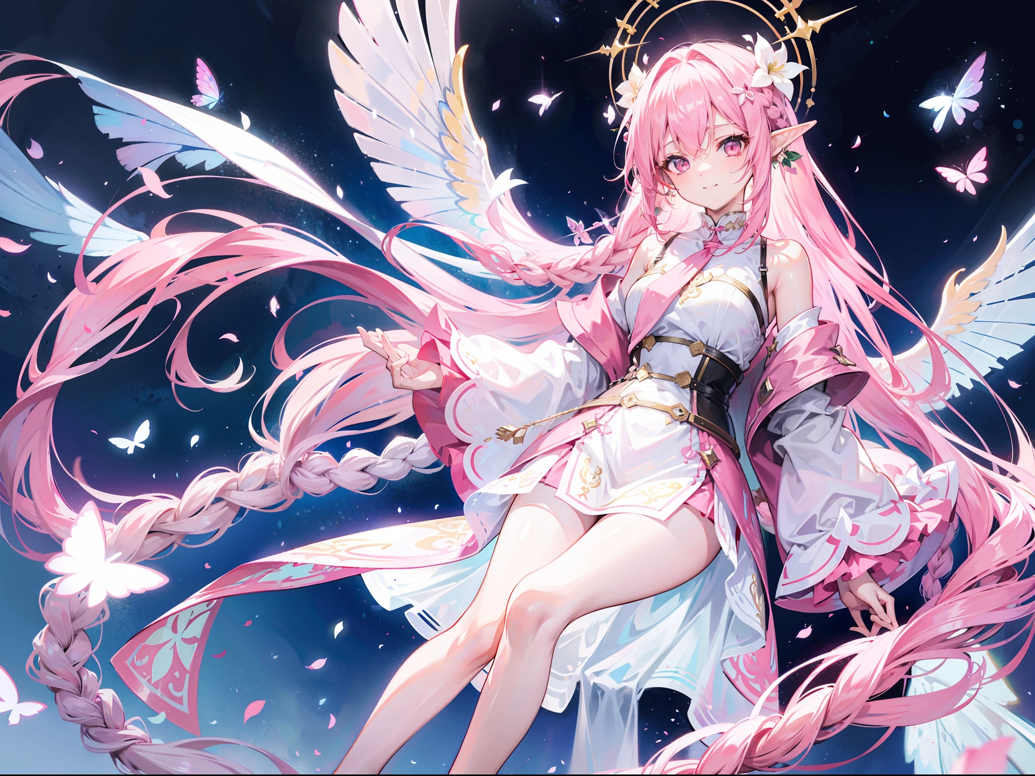 A beautiful pink-haired girl，Extremely long hair，Tie-double twisted braids，The hair color is white and pink，He wears a golden hairpin，Wear florets on each side，wears a white dress，The lower body is wearing white stockings，without wearing shoes，With a bright and healing smile，Sit in a radiant wonderland of mountains and rivers，The sky is shining，the elf，It has transparent wings，faeries