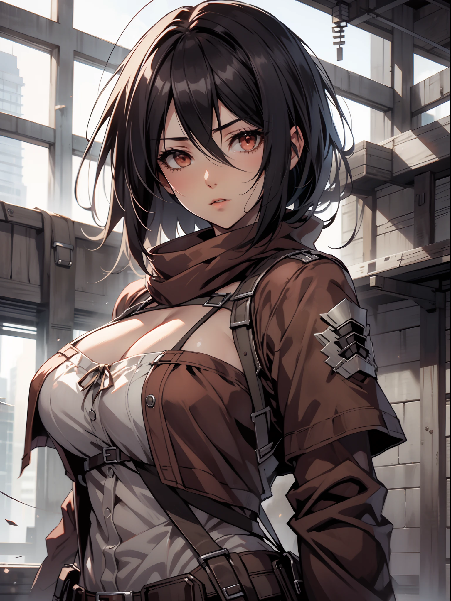 Anime girl with long black hair and brown jacket posing in a building -  SeaArt AI