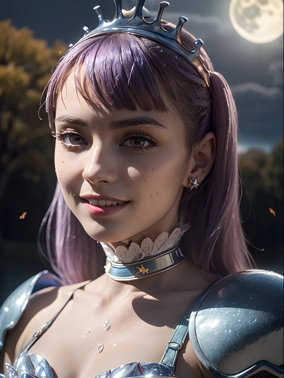 ((Masterpiece, high quality, high resolution:1.4), (close up:1.2), (beautifull smile), (1girl), noelle_silva, long hair, twintails, bangs, earring, (light violet hair:1.2), (purple eyes:1.2), ((water_armor)), (wings), crown, valkyrie, armored dress, angel, tree, sunset, autumn, autumn leaves, night, moon, (dancing:1.2), highly detailed skin, skin pores, (highly detailed face:1.2), (highly detailed eyes:1.2), realistic pupils:1.2, full face blush, full lips, (perfect anatomy:1.1), (perfect proportions:1.1), (photography:1.1), (photorealistic:1.1), volumetric lighting, dynamic lighting, real shadows, (highres:1.1), sharp focus, (realistic, hyperrealistic:1.4), intricate, high detail, dramatic, subsurface scattering, big depth of field, vivid, polished, sharpened, ((full Sharp)), (extremely absurdres),16k hdr,