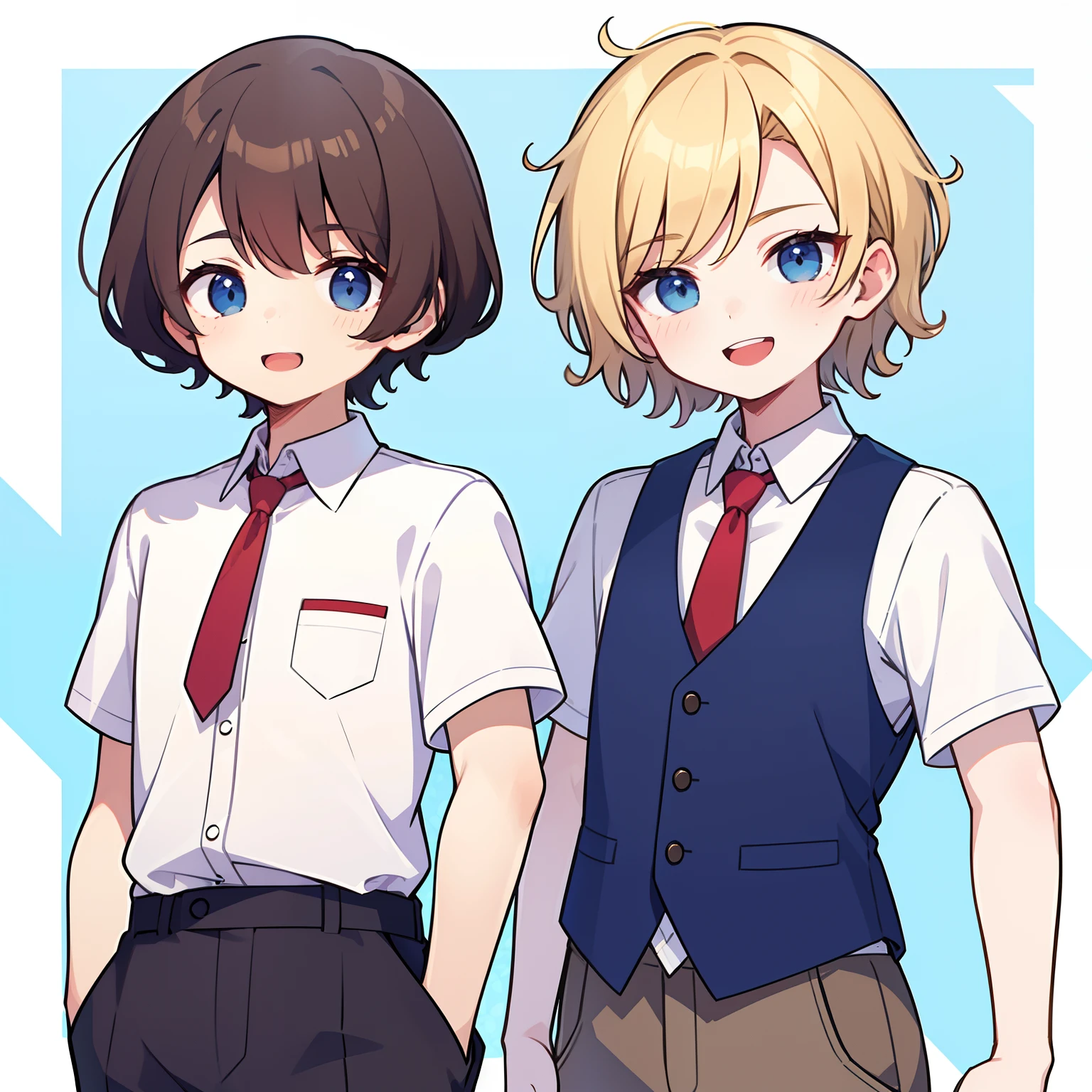 superfine illustration,Animated,1boy, Yaoi,School,Guy,man,Man's,Short hair,Curly hair,Parted bangs,Blonde hair,Short sleeve,half-pants,Brown pants,Smile,Blue eyes,White skin,White shirt,Red tie,Two back teeth,hitornfreckles, superfine illustration,Animated,man,Man's,Short hair,Curly hair,Parted bangs,Blonde hair,Smile,Blue eyes,White skin,White shirt,