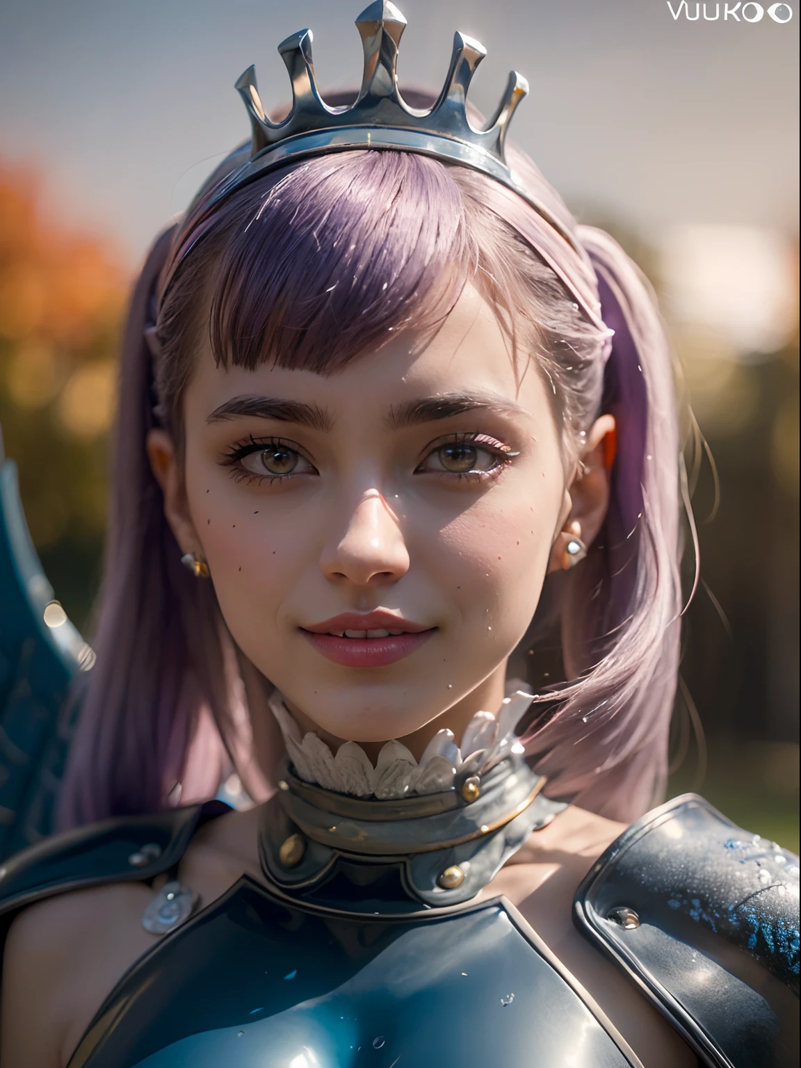 ((Masterpiece, high quality, high resolution:1.4), (close up:1.2), (beautifull smile), (1girl), noelle_silva, long hair, twintails, bangs, earring, (light violet hair:1.2), (purple eyes:1.2), ((water_armor)), (wings), crown, valkyrie, armored dress, angel, tree, sunset, autumn, autumn leaves, night, nightlight, moon, (dancing:1.2), highly detailed skin, skin pores, (highly detailed face:1.2), (highly detailed eyes:1.2), realistic pupils:1.2, full face blush, full lips, (perfect anatomy:1.1), (perfect proportions:1.1), (photography:1.1), (photorealistic:1.1), volumetric lighting, dynamic lighting, real shadows, (highres:1.1), sharp focus, (realistic, hyperrealistic:1.4), intricate, high detail, dramatic, subsurface scattering, big depth of field, vivid, polished, sharpened, ((full Sharp)), (extremely absurdres),16k hdr,