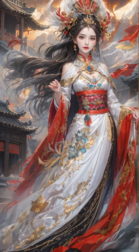 Dark majestic palace background, red flames and black swirls, a beautiful girl standing in the center of the palace, traditional...