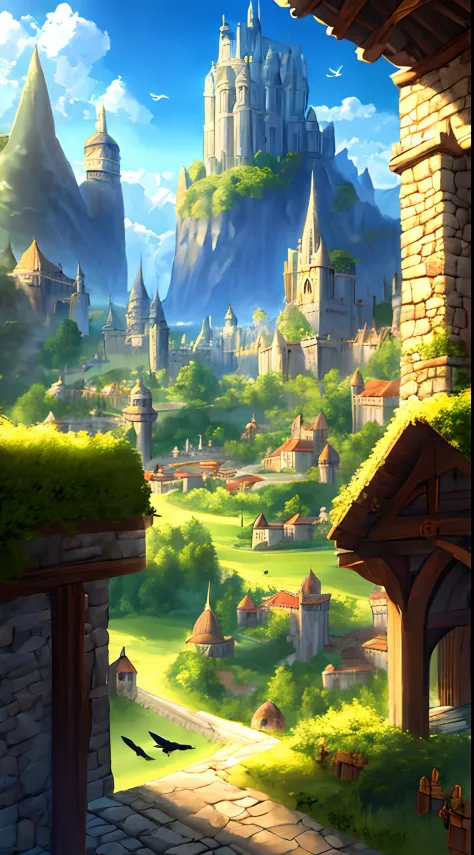 medieval kingdom. sunny morning. 8k resolution. ratio 3:2. very high drawing skills. bird's eye viewpoint. very stunning view. a...