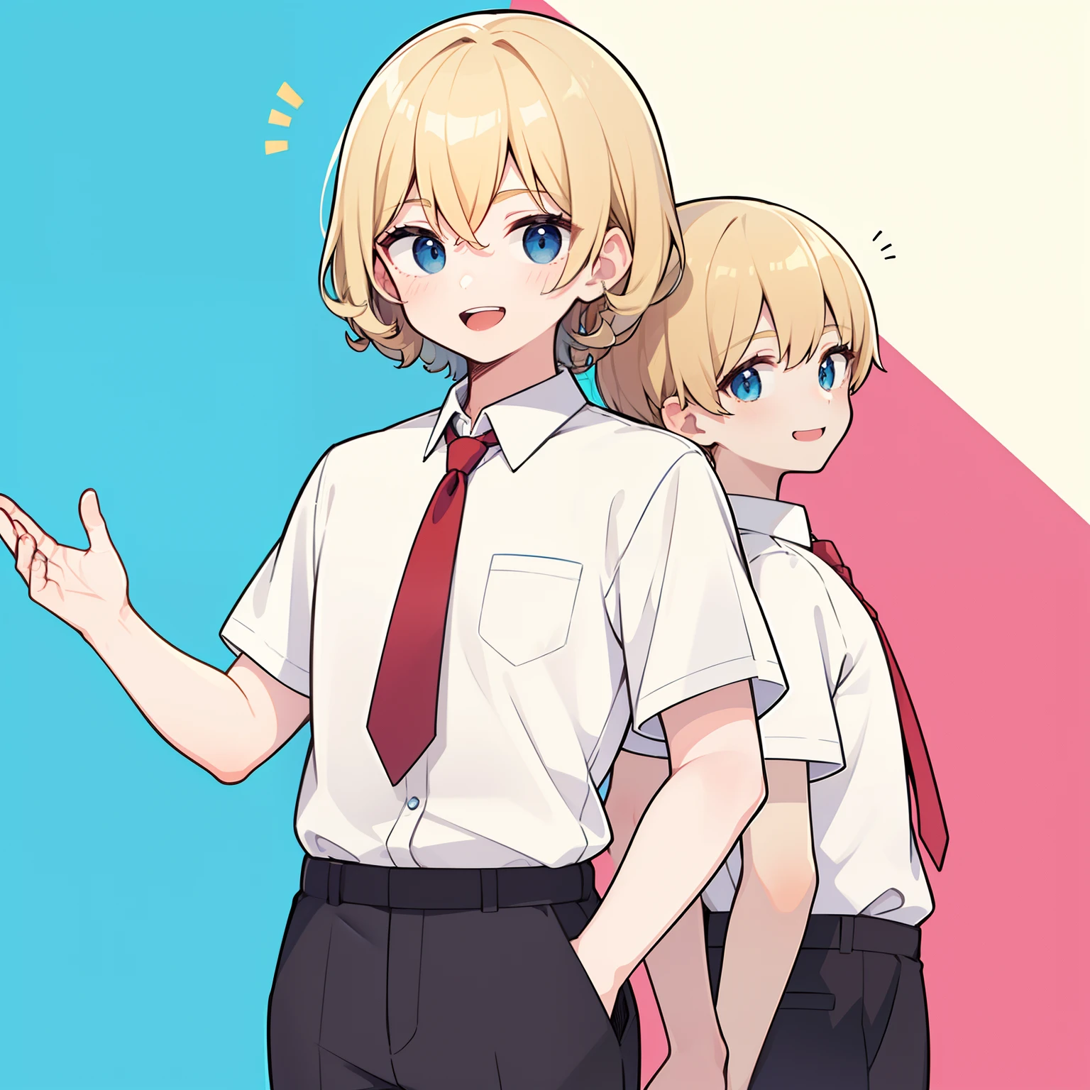 superfine illustration,Animated,1boy, Yaoi,School,Guy,man,Man's,Short hair,Curly hair,Parted bangs,Blonde hair,Short sleeve,half-pants,Brown pants,Smile,Blue eyes,White skin,White shirt,Red tie,Two back teeth,hitornfreckles, superfine illustration,Animated,man,Man's,Short hair,Curly hair,Parted bangs,hair between eye,Blonde hair,Smile,Blue eyes,White skin,White shirt,