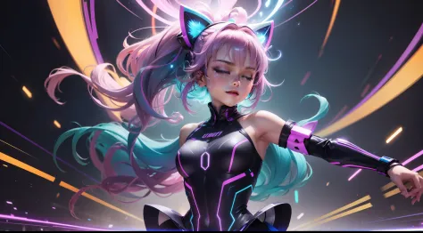 Foreground:
A dynamic pose of a cute girl, her hair flowing in the breeze. She wears a form-fitting, shimmering outfit in electric blue, capturing attention immediately. The clothing has holographic reflections, which shimmer in different neon colors as li...