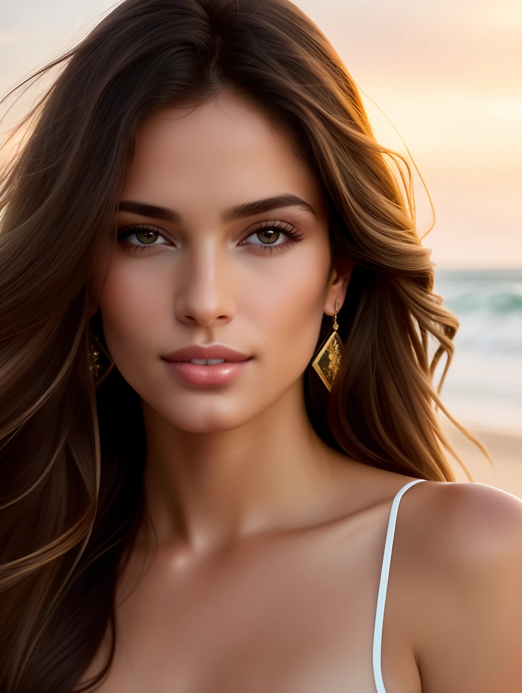 Cinematic soft lighting、Illuminates a beautiful Brazilian supermodel with amazing detail and ultra-realism, Beach Look, long messy windy brown hair, Clear Honey Eye, Seductive perfect smile, Sensual milf, hot woman, Gorgeous, that is trending on ArtStation. Octane、It's the perfect tool to capture the softest details of this 16k photography masterpiece.