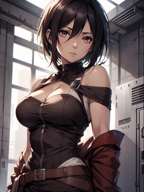 mikasa_ackerman，solo person，byself，off-the-shoulder clothing，muscline，cleavage，nabel，open waist，abs，vest line，off-the-shoulder a...